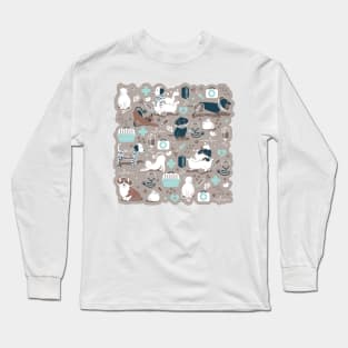 Veterinary medicine, happy and healthy friends // taupe brown background turquoise details navy blue white and brown cats dogs and other animals Long Sleeve T-Shirt